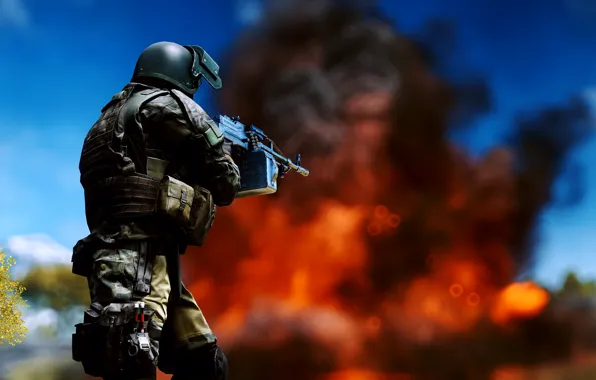 Картинка оружие, фон, огонь, солдат, Battlefield 4