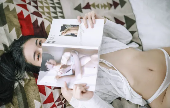 Beautiful, Asian, Model, Bed, Woman, Pretty, Reading, Book