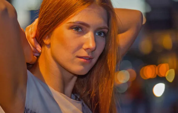 Lights, model, focus, redhead, hair, look, pose, t-shirt