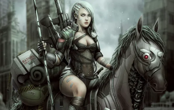 Картинка девушка, оружие, конь, лошадь, патроны, автоматы