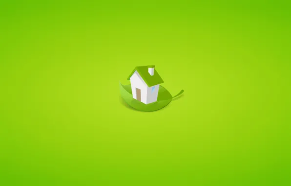 Картинка лист, зеленый, дом, фон, минимализм, дверь, окно, труба