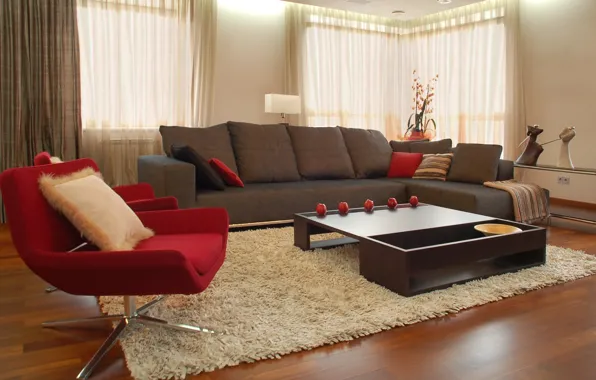 Картинка дизайн, стиль, комната, диван, красное, ковер, яблоки, мебель
