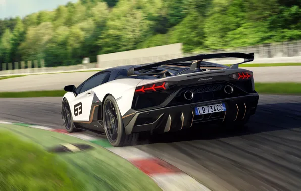 Скорость, Lamborghini, суперкар, вид сзади, гоночный трек, 2018, Aventador, Aventador SVJ