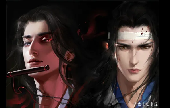 Картинка флейта, длинные волосы, два парня, горящий глаз, Mo Dao Zu Shi, Магистр дьявольского культа, Вэй …