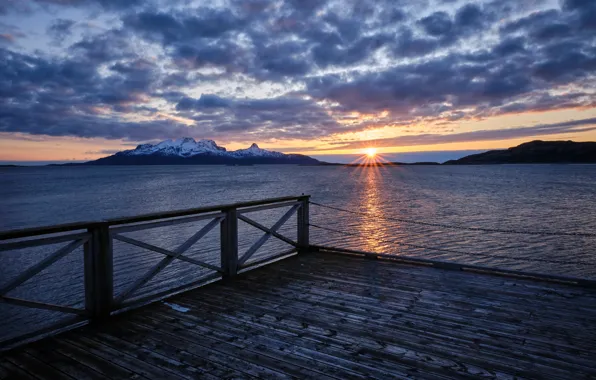 Картинка море, облака, закат, горы, причал, Норвегия