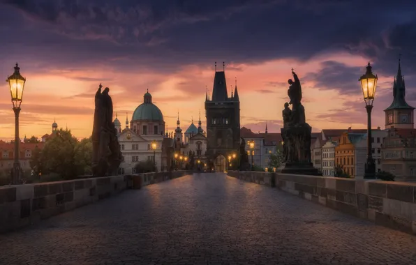 Небо, свет, мост, город, огни, вечер, утро, Прага
