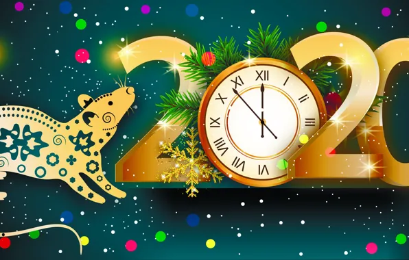 Картинка фото, Часы, Снежинки, Новый год, Крыса, 2020, Лучи света, Векторная графика