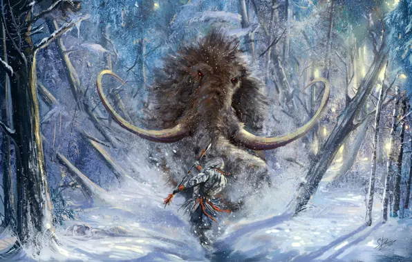 Зима, Снег, Лес, Воин, Оружие, Fantasy, Фантастика, Concept Art