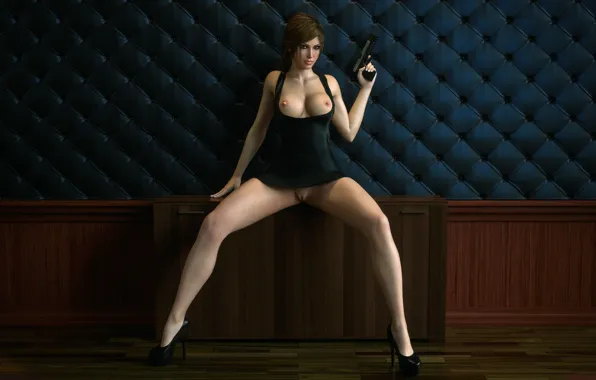 Грудь, Игра, Пистолет, Tomb Raider, Лара Крофт, Киска, Pussy, Breasts