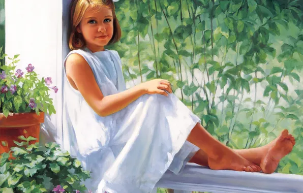 Картинка цветы, девочка, живопись, Sitting Pretty, Laurie Snow Hein, смазливая, сидящая