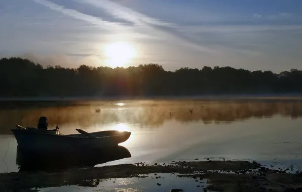 Картинка туман, озеро, лодка, утро