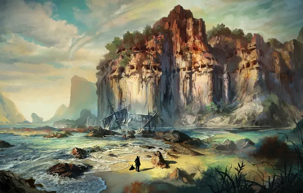 Картинка море, камни, скалы, человек, корабль, остов, риф, concept art