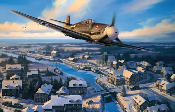 Art, airplane, aviation, bf-109, ww2