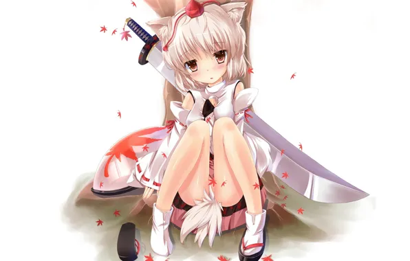 Катана, носки, сидит, ушки, хвостик, кленовые листья, белый мех, Touhou Project