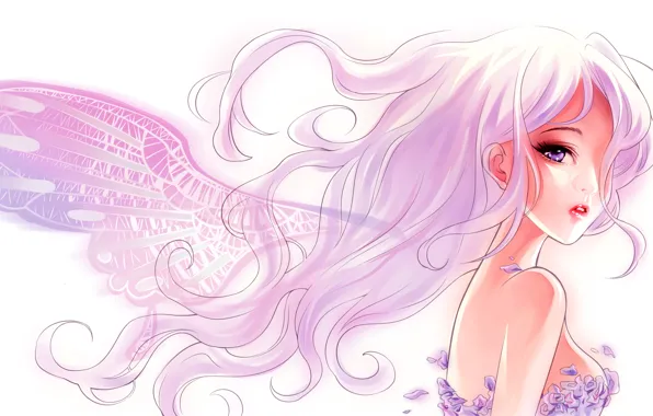 Картинка Девушка, лепестки, крыло, розовые волосы