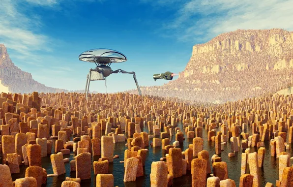 Aliens, sky, water, clouds, mountain, planet, stones, fish fingers