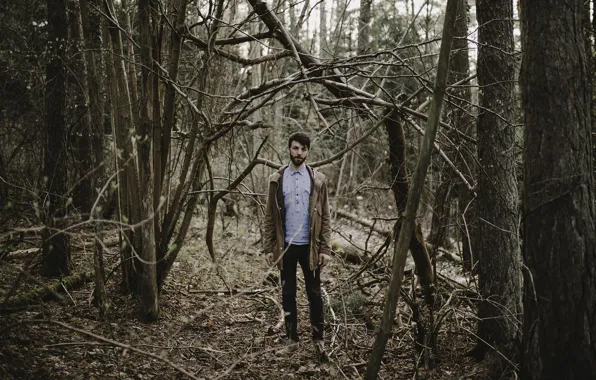 Forest, trees, man, branches, jacket, beard, direct gaze