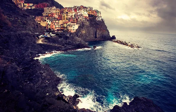 Картинка море, пейзаж, скалы, побережье, дома, Италия, Italy, Manarola