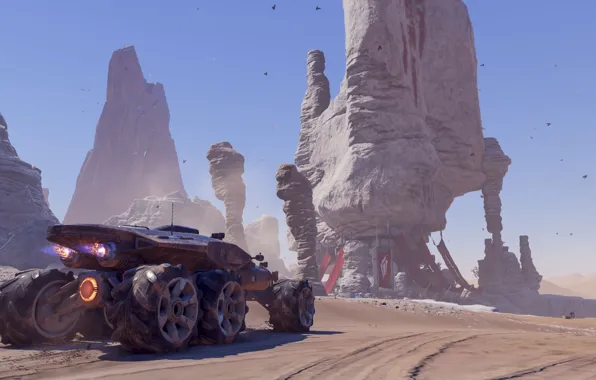 Картинка car, Andromeda, game, sky, Mass Effect, sand, suna, montain