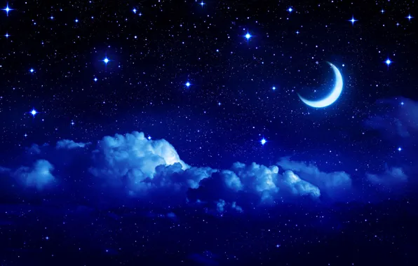 Картинка небо, звезды, облака, пейзаж, ночь, фон, widescreen, обои