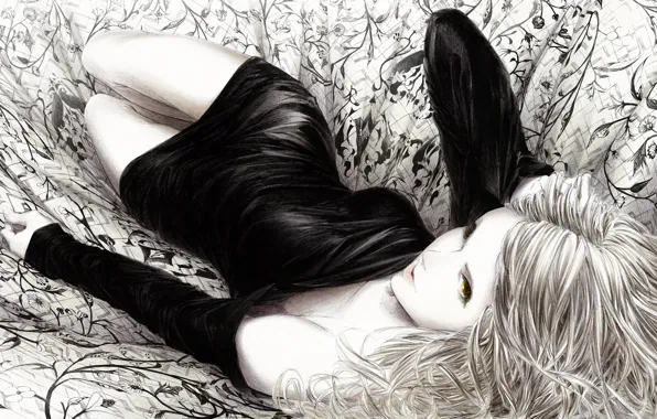 Картинка девушка, рисунок, платье, арт, ткань, черно-белое, лежа, монохромное