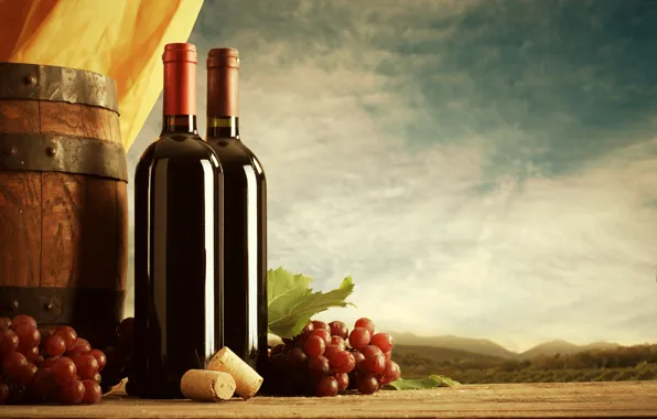 Картинка небо, облака, пейзаж, вино, виноград, пробки, бутылки, бочка