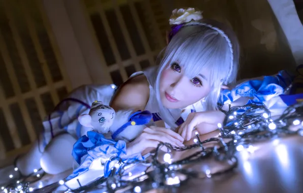 Картинка взгляд, девушка, огни, азиатка, гирлянда