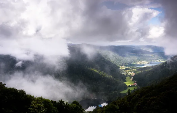 Горы, дома, долина, поселение, Landscapes