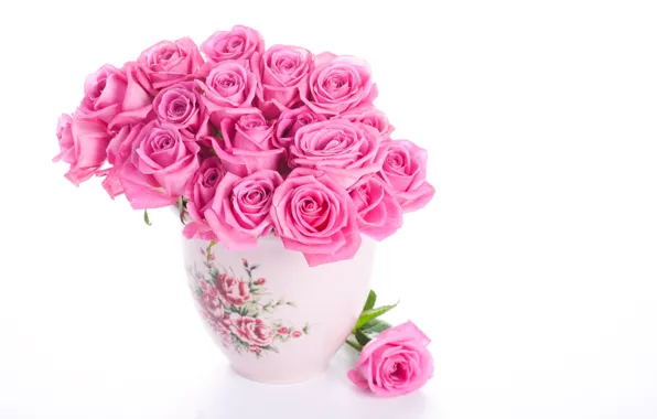 Картинка белый фон, ваза, Розы, розовые