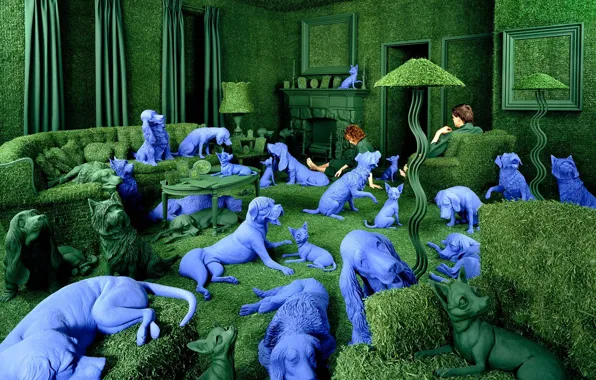 Картинка Sandy Skoglund, навязчивые идеи, синие собаки, зеленая комната