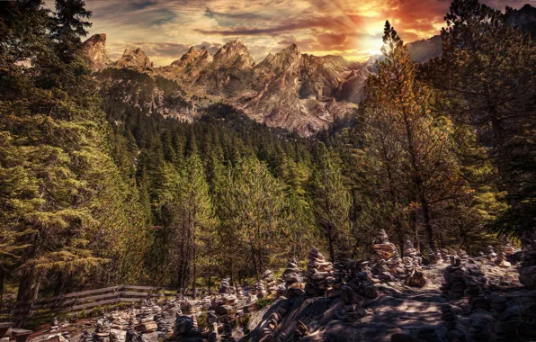 Картинка солнце, деревья, горы, камни, обработка, silent mountain