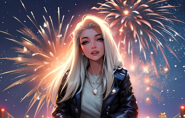 Ночь, улыбка, портрет, аниме, фейерверк, smile, anime, night