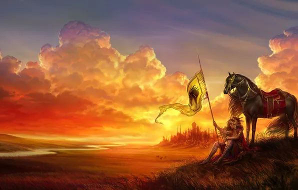 Картинка девушка, пейзаж, закат, лошадь, доспехи, флаг, арт, грива