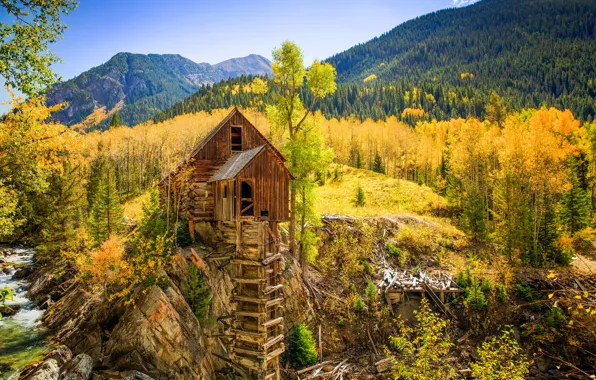Картинка осень, лес, деревья, горы, ручей, камни, США, водяная мельница