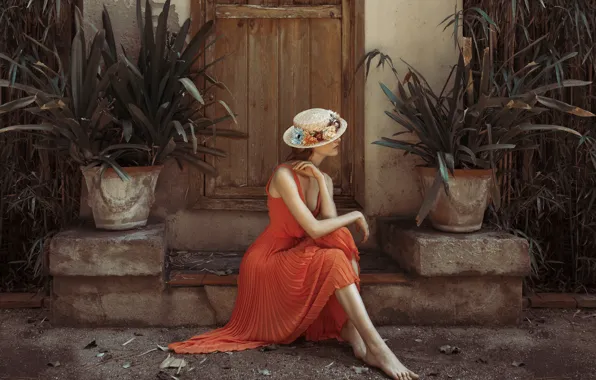 Картинка девушка, стиль, фон, шляпа, платье