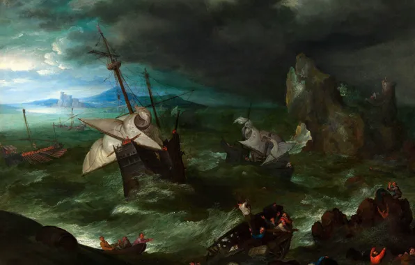 Море, пейзаж, скалы, картина, Шторм, Ян Брейгель старший