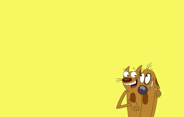 Картинка минимализм, желтый фон, кот и пес, CatDog, обнимка, Котопес