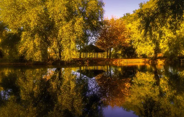 Картинка осень, деревья, парк, отражение, река, Англия, беседка, England