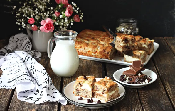 Картинка цветы, молоко, пирог, выпечка