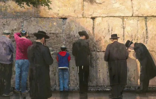 Wall, hat, thomas kinkade, men, painting, impressionism, religious, The Wailing Wall Jerusalem