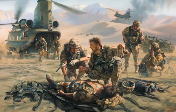 Картинка горы, оружие, арт, солдаты, экипировка, вертолёты, помощи, раненному