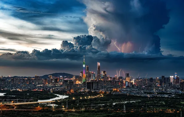 City, lights, storm, night, Asia, lightnings, skyscapers, storm cloud