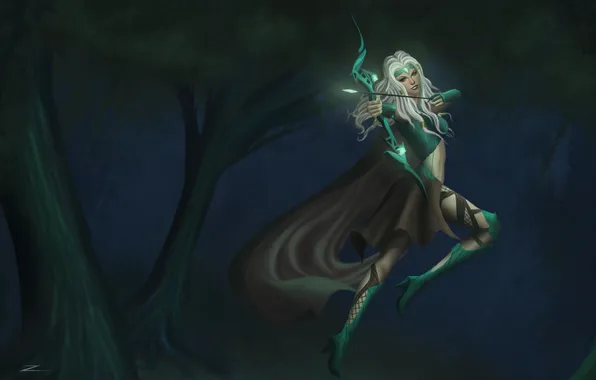 Картинка лес, девушка, оружие, прыжок, лук, арт, league of legends, ashe