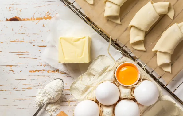 Стол, яйцо, масло, молоко, выпечка, background, мука, Baking
