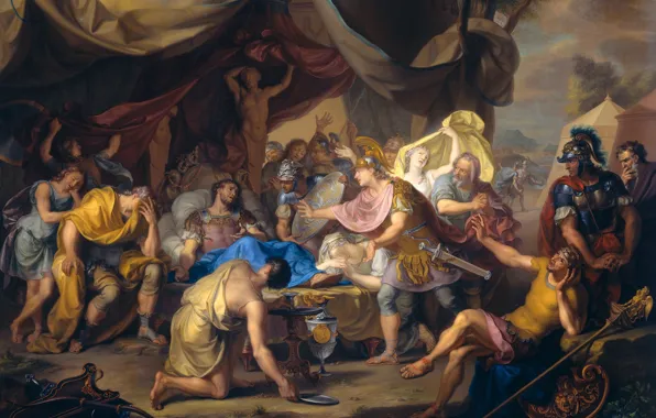 Картинка деревья, масло, картина, история, Смертное Ложе Эпаминонда, Исаак Уолравен