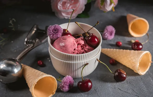 Мороженое, миска, вафельные рожки