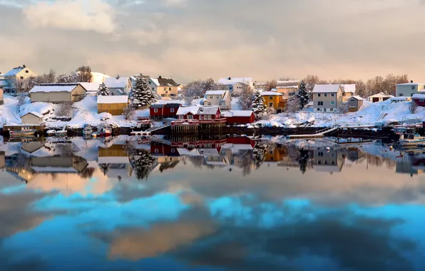 Зима, снег, отражения, дома, лодки, Норвегия, Лофотенские острова, Lofoten