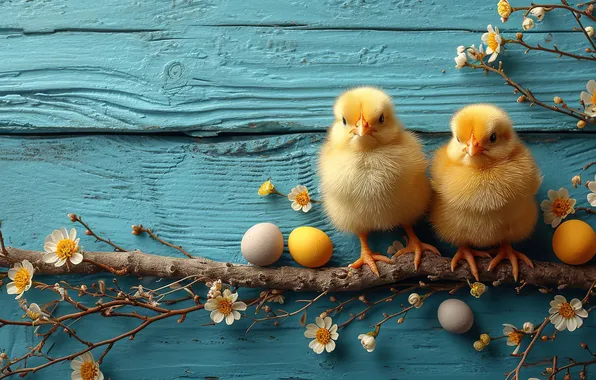 Цветы, цыплята, яйца, весна, colorful, Пасха, happy, flowers