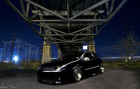 Ночь, мост, провода, черный, гольф, golf, Volkswagen golf