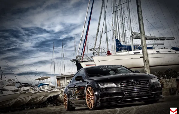 Car, Audi, gold, sky, japan, tuning, vossen wheels